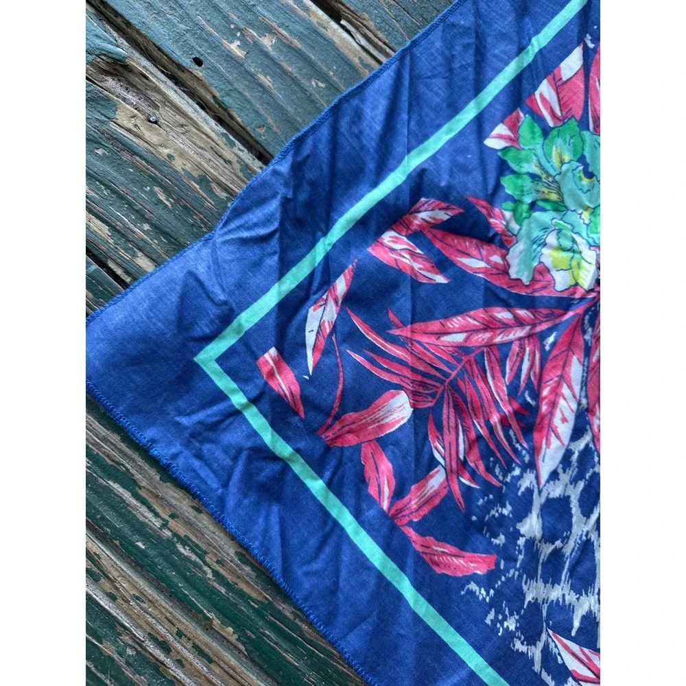Vintage Tropical Floral Leopard Print Scarf Blue Pink Made in USA RN14193